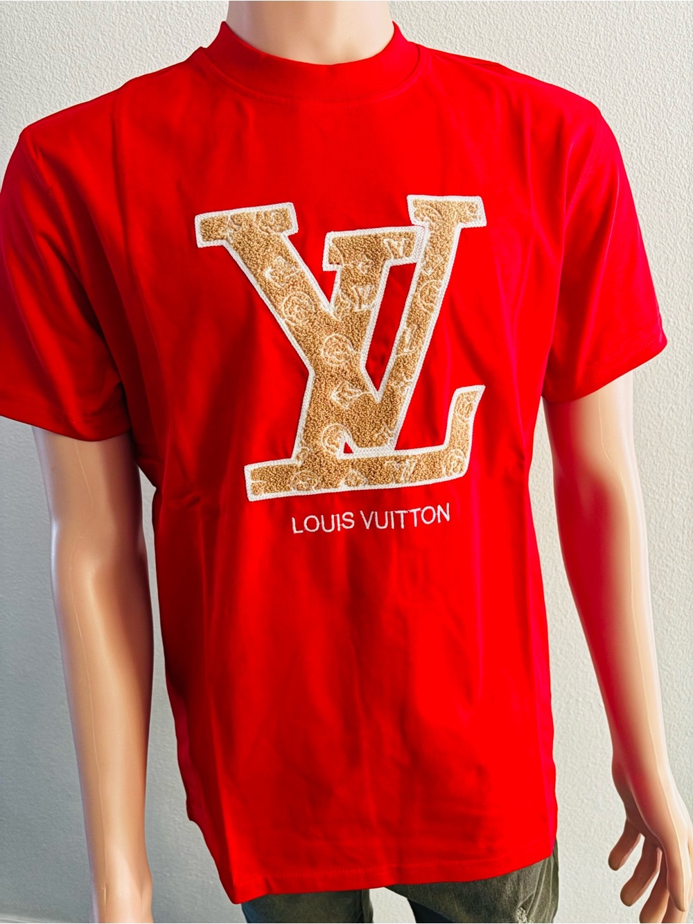 Louis Vuitton Red Tee with Gold LV Appliqué